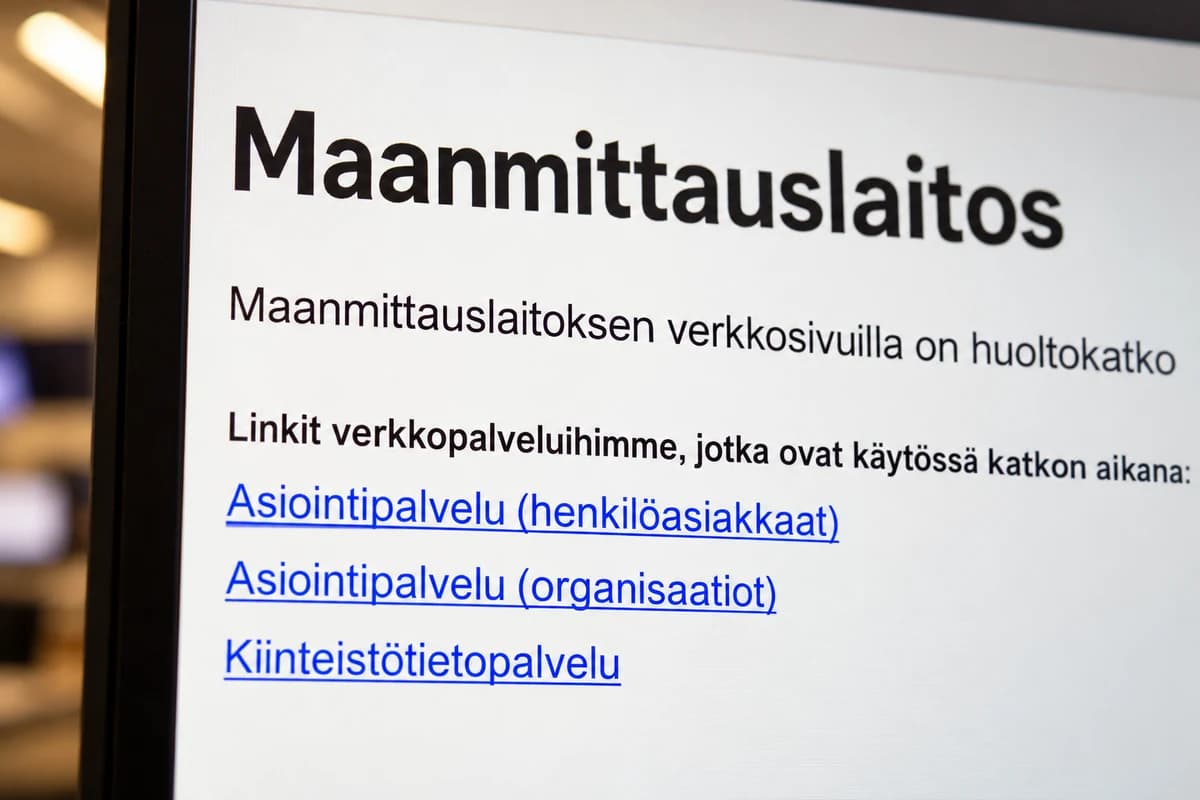 Крупный план монитора с финским уведомлением о перерыве на сайте Maanmittauslaitos и синими ссылками на работающие сервисы.