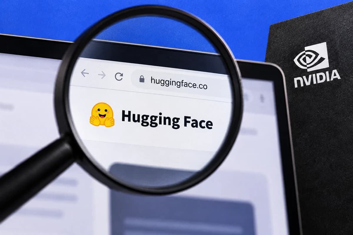 Увеличительное стекло выделяет название и адрес Hugging Face на экране, справа виден фрагмент с названием NVIDIA.