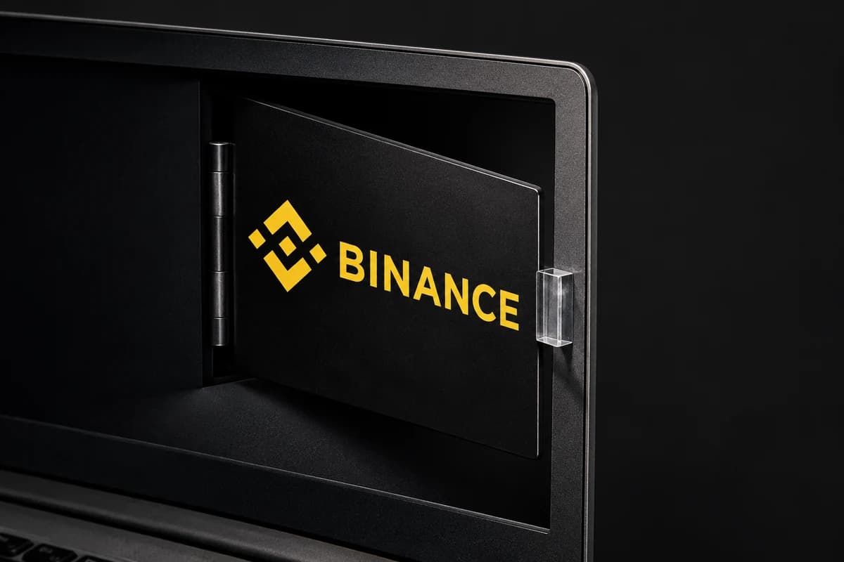 Фирменный знак Binance изображён как створка, заблокированная прозрачным стопором со стороны выхода.