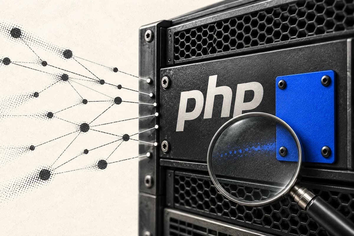Крупный серверный модуль с надписью PHP, кобальтовой ремонтной пластиной и лупой над следом сетевого запроса.