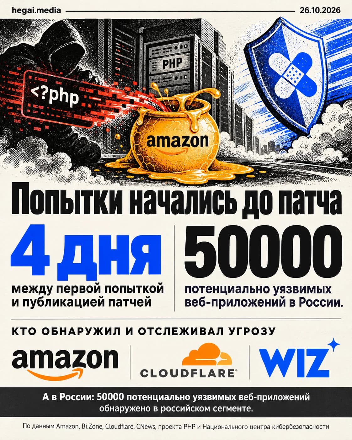 Сервер-ловушка Amazon фиксирует попытку эксплуатации PHP2Shell за 4 дня до патчей. В российском сегменте обнаружено 50000 потенциально уязвимых веб-приложений.