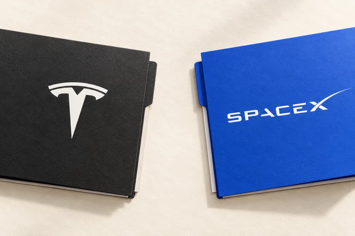 Две отдельные папки со знаками Tesla и SpaceX остановлены напротив друг друга с незакрытым зазором между ними.