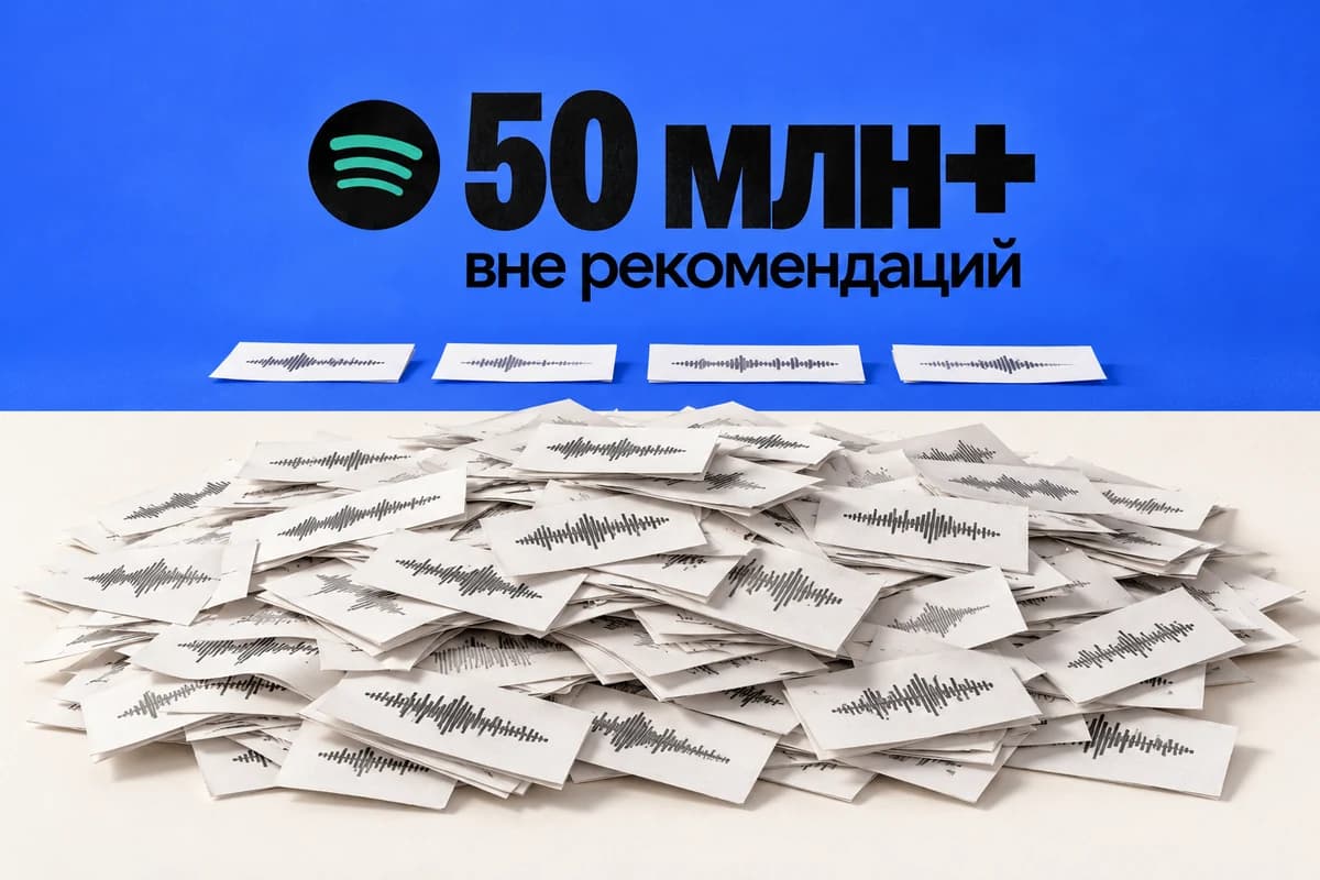 Знак Spotify и надпись «50 млн+ вне рекомендаций» над множеством карточек аудиотреков, оставшихся за границей рекомендованного потока.