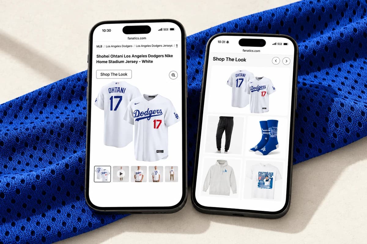 Два смартфона: на одном белая форма Dodgers с фамилией Ohtani и номером 17, на другом подборка Shop the Look с брюками, носками, толстовкой и футболкой.