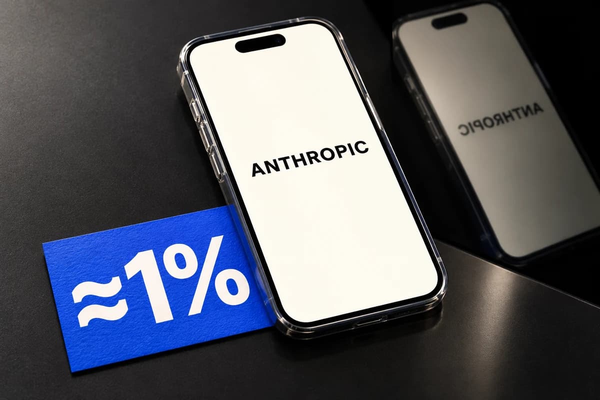 Смартфон с надписью ANTHROPIC лежит у крупной синей карточки «≈1%» на тёмной зеркальной поверхности.