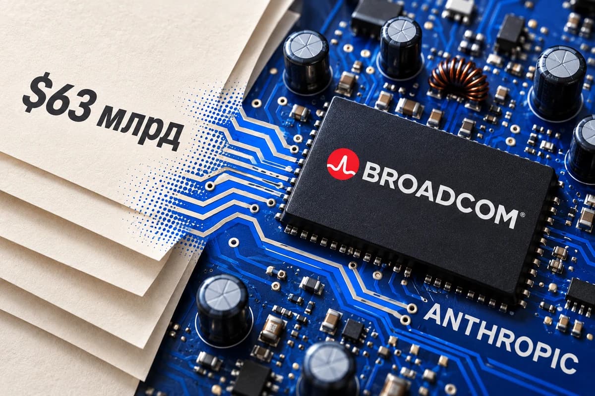 Компонент Broadcom на синей печатной плате, в дорожки которой переходят белые листы с надписью «$63 млрд»; рядом указано название Anthropic.