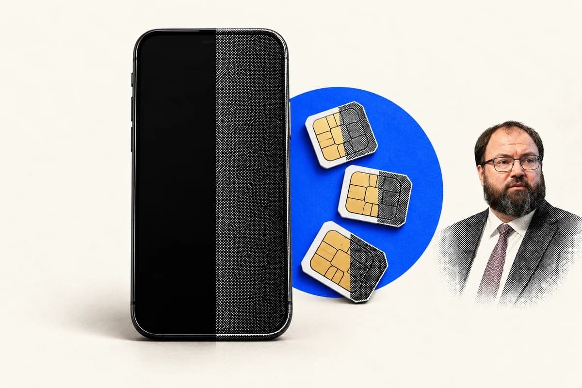Смартфон и три SIM-карты частично переходят в тёмную печатную фактуру; справа расположен портрет Максута Шадаева.