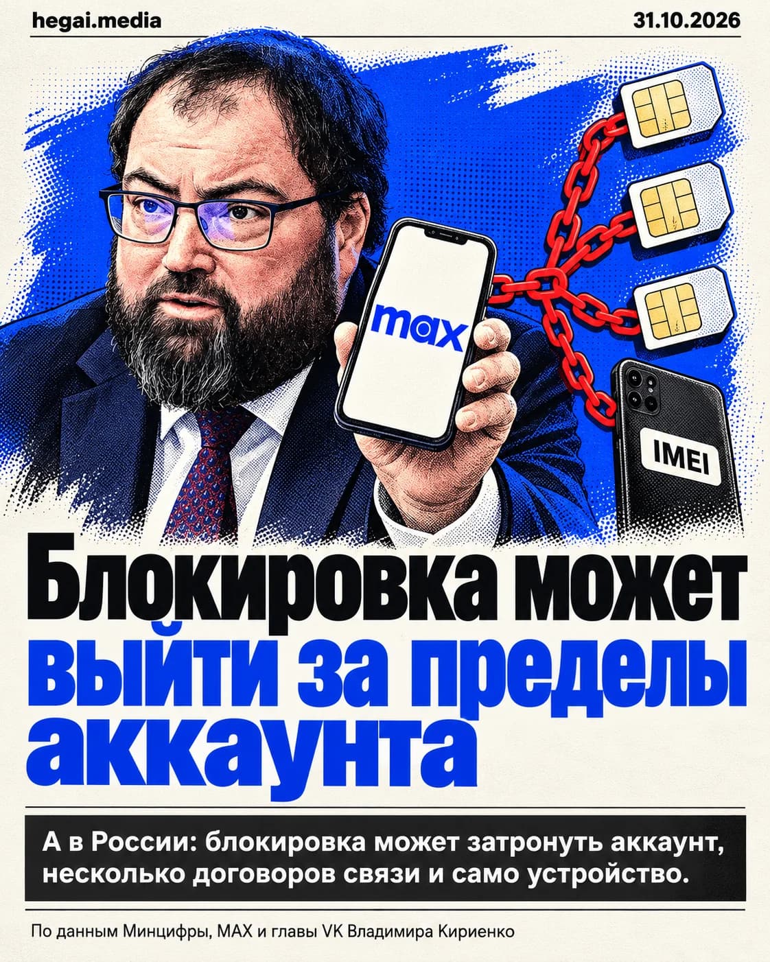 Максут Шадаев со смартфоном MAX, от которого тянется цепь к нескольким SIM-картам и устройству с IMEI. Ограничения могут действовать на трёх уровнях: аккаунт, абонентские номера и оборудование.