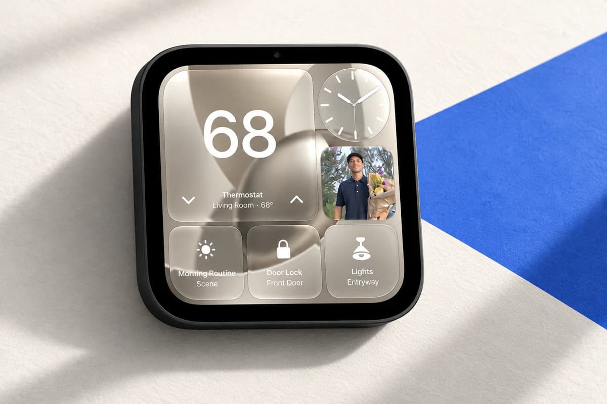Квадратный экран Apple HomeView с термостатом 68°, часами и плитками управления замком, освещением и домашним сценарием.
