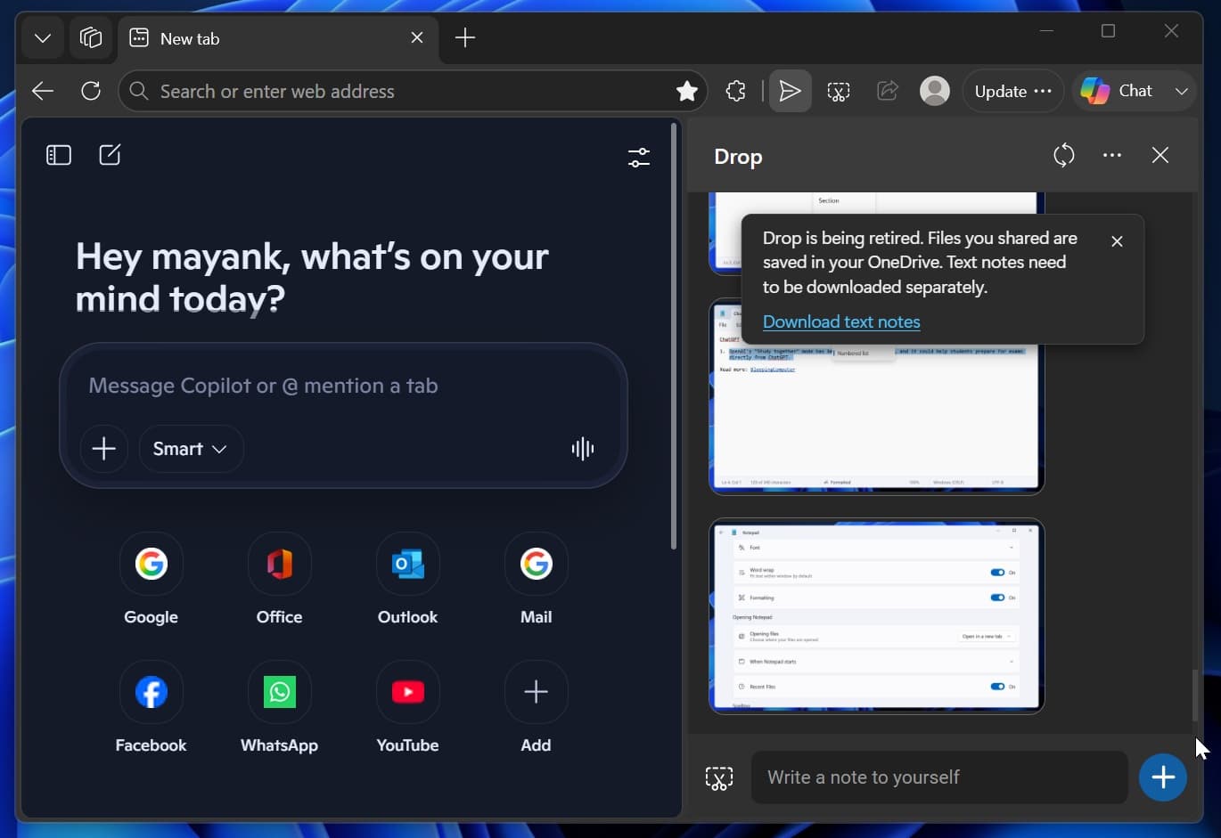 Microsoft убирает функцию Drop из браузера Edge
